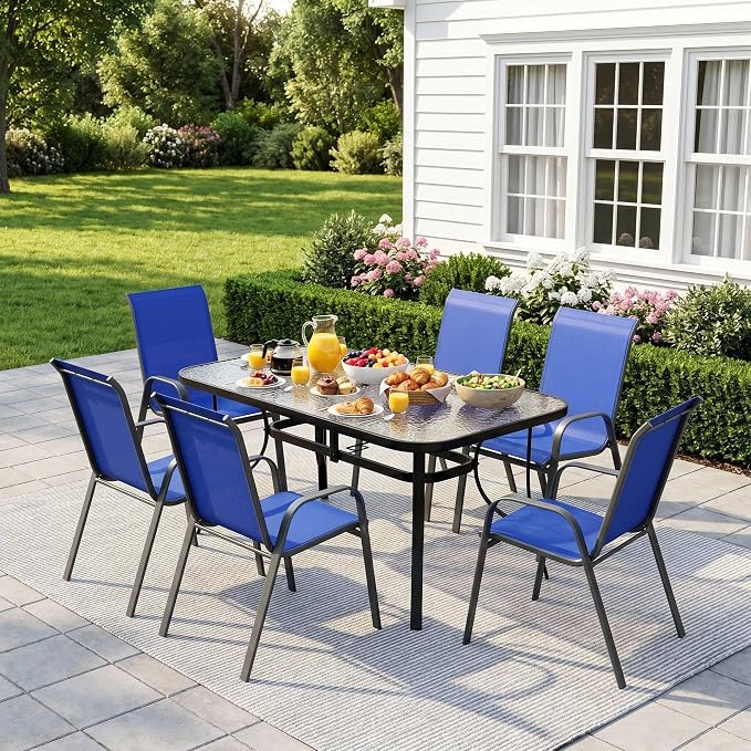 Arlopu 7-Piece Outdoor Table and Chairs for 6, Outdoor Dining Set W/Rectangle Glass Table and Patio Textilene Stackable Chairs, Patio Furniture Set W/Umbrella Hole (Black Table & Navy Blue Chair)