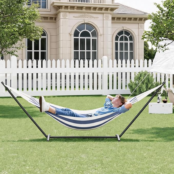Double Hammock with Stand for Outside - 2 Person Heavy Duty Hammock, Portable Steel Stand for Patio Yard, Easy Assembly, 450 Lbs Capacity