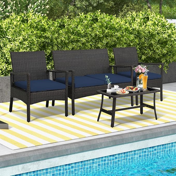 Tangkula 8 Pieces Outdoor Conversation Set, Patio PE Wicker Sofa with Tempered Glass Coffee Table, Soft Seat Cushions Included, Modern Rattan Chair Table Set for Porch, Backyard (2, Navy)