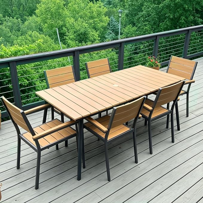 7-Piece Outdoor Dining Set for 6 Person with Teak Wood-Grain Top | Armrest Stackable Chairs with 19.4" Seat Depth, Aluminum Frame Dining Furniture with Umbrella Hole for Deck, Porch & Backyard