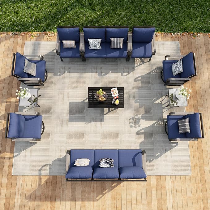 11-Piece Modern Patio Furniture Set, All Weather Metal Outdoor Conversation Sets with 5.1" Extra Thick Cushion for Backyard Garden Deck Porch Poolside, Blue