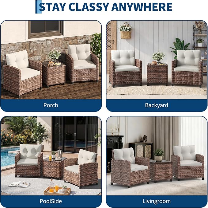 IDEALHOUSE 3-Piece Outdoor Patio Furniture Set, PE Rattan Wicker Conversation Chairs with Tempered Glass Side Table and Removable Cushions, Balcony, Porch & Garden Seating Set, Brown+Beige Cushion