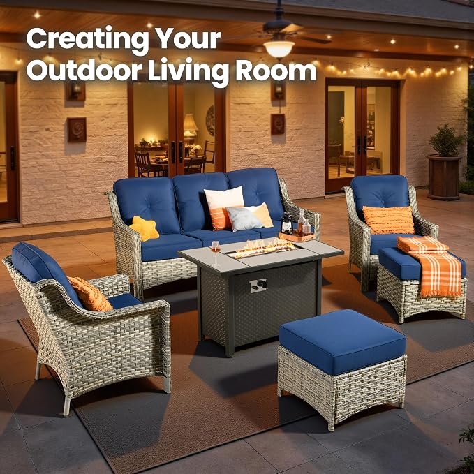 6 Piece Patio Furniture Set with Fire Pit Table, Outdoor Wicker High Back Sofa Chairs Ottoman with Comfy Cushions, Modern Conversation Sets for Backyard Deck Garden Poolside, Navy Blue