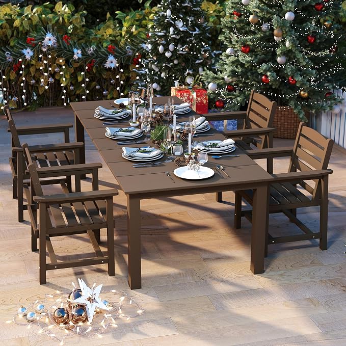 HDPE 5-Piece Outdoor Dining Set with Armchairs, Brown | All Weather Patio Table and Chairs with Umbrella Hole, Patio Furniture Dining Set for Lawn, Garden, Deck, Backyard