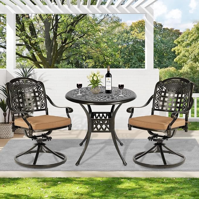 MEETWARM 3-Piece Outdoor Patio Dining Set, All-Weather Cast Aluminum Patio Conversation Set with 2 Cushions Swivel Rocker Chairs and 31" Round Table for Backyard Garden Deck, 2.2" Umbrella Hole