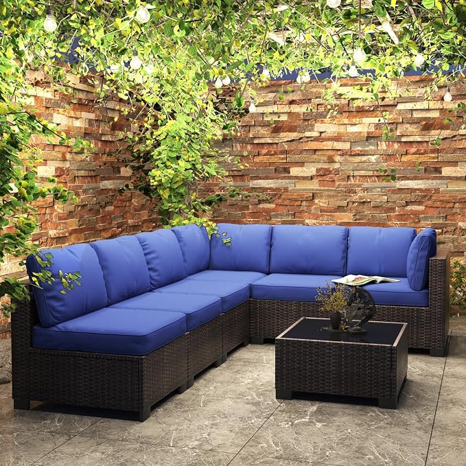 GarveeHome 7 Piece Patio Furniture Set, PE Rattan Wicker Sectional Sofa Set with Cushions & Glass Top Coffee Table, Outdoor Conversation Furniture for Garden, Balcony, Porch, Backyard