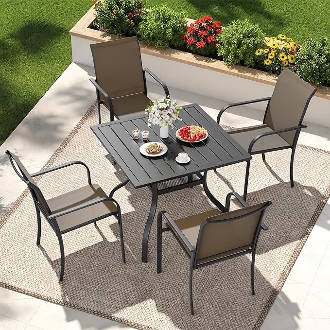 5-Piece Patio Dining Set,4 Person Outdoor Table and Chairs Set, 4 Metal Dining Chairs and Square Outdoor Table with 1.57" Umbrella Hole,Khaki