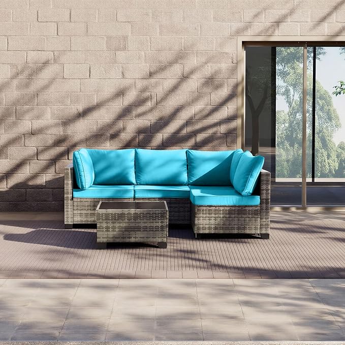5-Piece Outdoor Patio Furniture Set, Gray PE Rattan Sectional Sofa with Turquoise Cushions and Steel Frame, Coffee Table Included, Modular Outdoor Conversation Set for Patio Garden Poolside