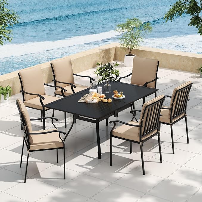 7 Piece Outdoor Patio Dining Set, 62’’ Rectangular Metal Dining Table with Umbrella Hole & 6pcs Outdoor Metal Dining Chairs, Outdoor Furniture Dining Set for Patio, Balcony, Lawn, Garden, Backyard