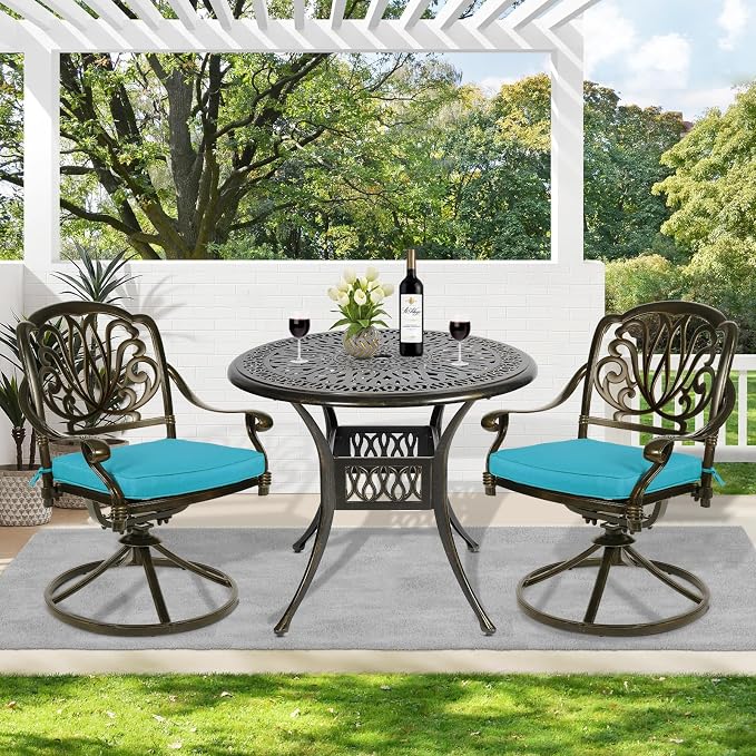 MEETWARM 3-Piece Outdoor Patio Dining Set, All-Weather Cast Aluminum Patio Conversation Set - 2 Cushions Swivel Rocker Chairs and 35.4" Round Table for Backyard Garden Deck, Umbrella Hole, Ocean Blue