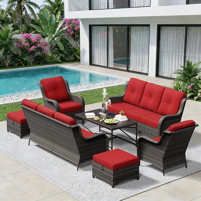 7 Piece Outdoor Wicker Patio Furniture Set, Patio Chairs Set with Thickened Olefin Cushions, High Back and Deep Seating, Hand-Woven PE Rattan, Ottoman for Porch, Deck