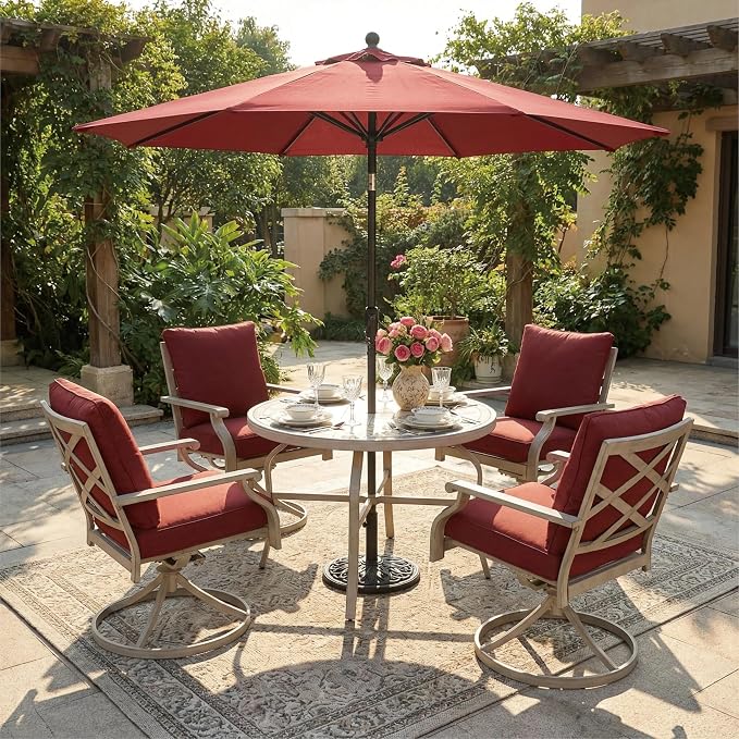 5-Piece Patio Dining Set, 4 Swivel Chairs with Removable Thickened Cushions & a 3D Textured Table with Umbrella Hole, All-Weather Furniture for Backyard, Garden, Lawn, Red