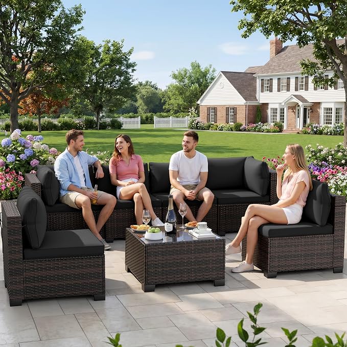 CHABATREE 7-Piece Outdoor Patio Furniture Sets, Manual Weaving Rattan Conversation Sectional Sofa with Tempered Glass Coffee Table, All-Weather PE Wicker & Thick Cushions for Garden, Backyard, Porch