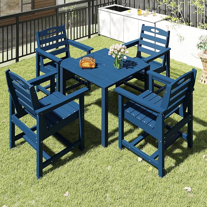 Domi HDPE Outdoor Dining Set, All-Weather Outdoor Dining Table Set of 5 with 2" Umbrella Hole, Outdoor Patio Dining Set for Garden, Poolside, Backyard, Deck, Blue