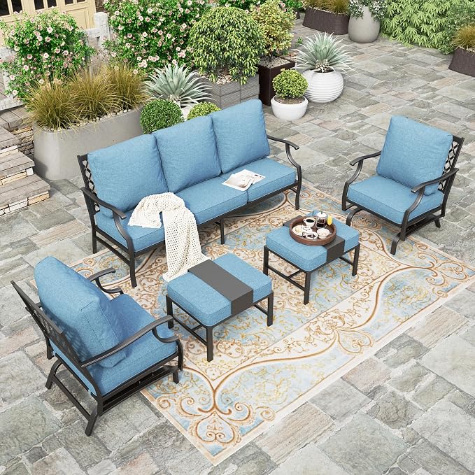 HERA'S HOUSE 5 Pieces Patio Furniture Set, 2 x Rocking Chair, 2 x Ottoman, 1 x 3-Seat Sofa, All Cushioned 7 Seats Metal Outdoor Conversation Set for Lawn Garden Backyard