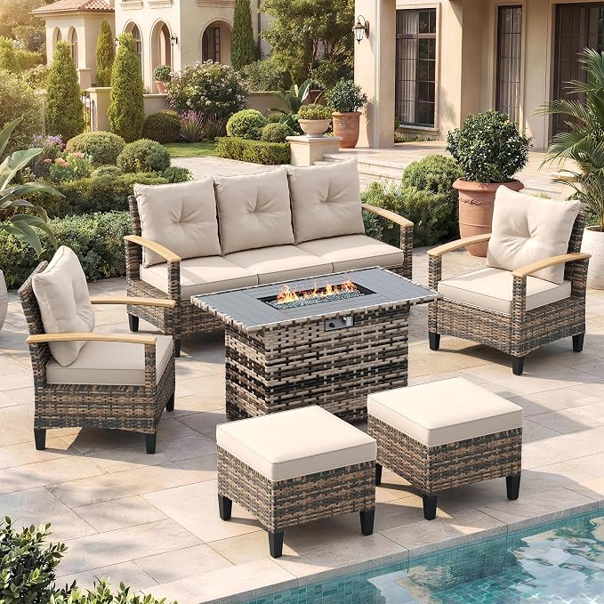 UDPATIO Patio Furniture Set with Fire Pit Table, 6 Pieces Outdoor Wicker Conversation Set for Lawn, Porch, Garden, Backyard, Khaki