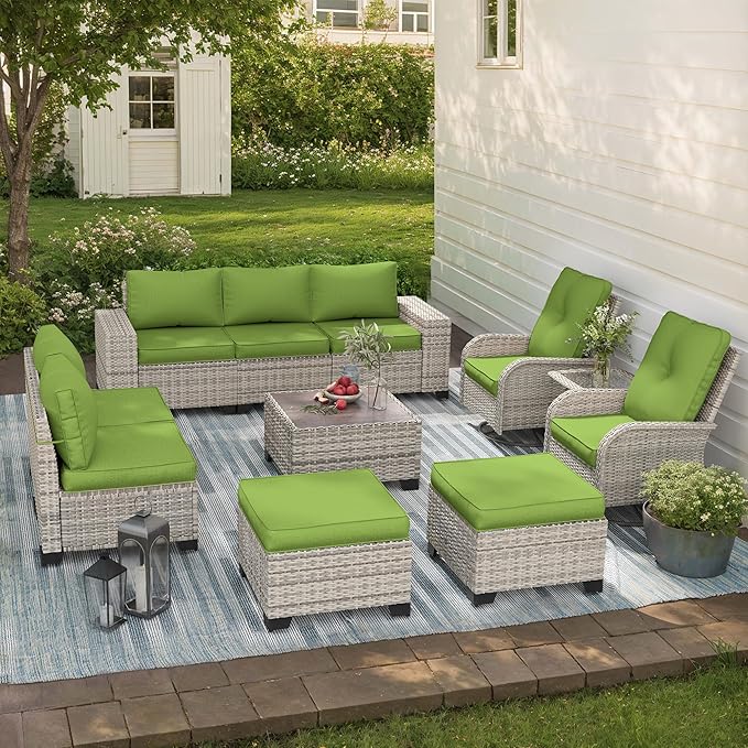 11-Piece Outdoor Patio Furniture Set with Rocking Swivel Chair Wicker Sectional Sofa Set, Patio Conversation Set with Ottomans & Coffee Table for Garden, Backyard, Avocado Green