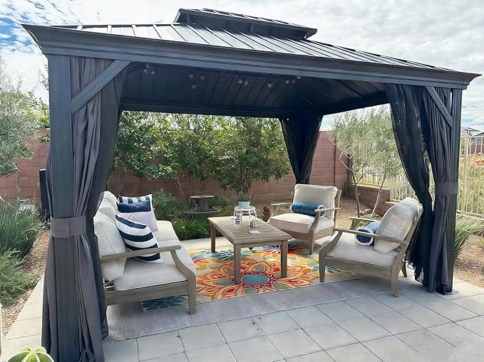 PURPLE LEAF 10' X 12' Hardtop Gazebo with Light Galvanized Steel Double Roof Outdoor Gazebo for Patio Lawn and Garden Grey
