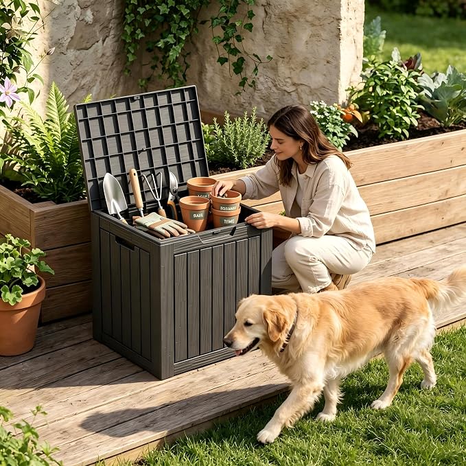 35 Gallon Deck Box Outdoor Waterproof, Resin Storage Box Outdoor Lockable, Multipurpose Outside Container for Patio Cushions, Garden Tools & Package Drop, UV & Fade Resistant, Black