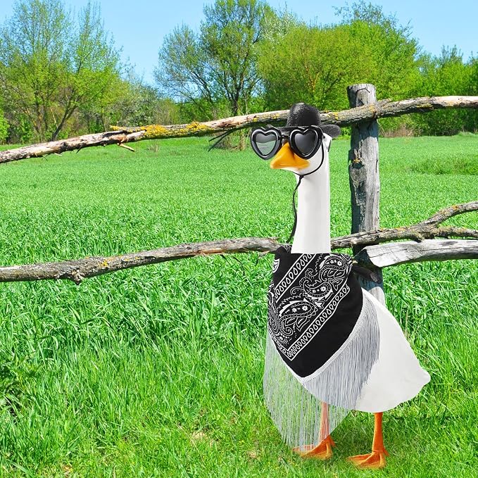Disco Cowgirl Porch Goose Outfit 23" Cement Goose Statue Fringe Bandana Sunglasses for Summer Lawn Desk Patio Yard(Black)