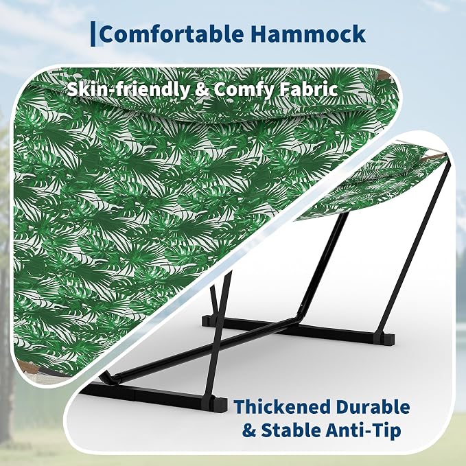 2 Person Hammock with Stand for Outdoor, 475 Lbs Capacity, Heavy Duty Portable Hammock with Adjustable Steel Stand for Patio, Garden, Beach, Backyard - Includes Carrying Bag