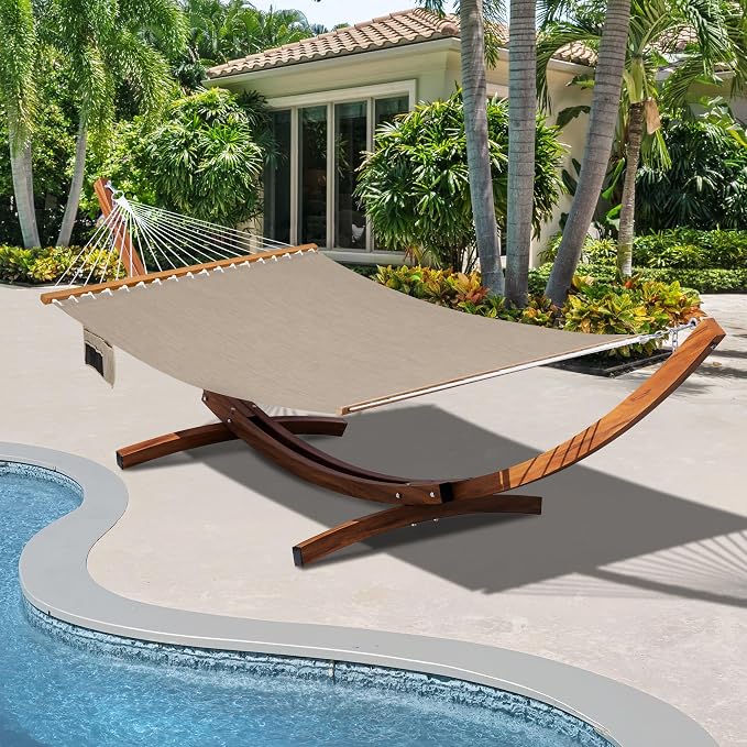 Lazy Daze Hammocks 12 FT Double Quick Dry Olefin Blend Hammock with Curved Steel Heavy Duty Stand for Outside, Backyard, 450 Lbs Capacity, Khaki