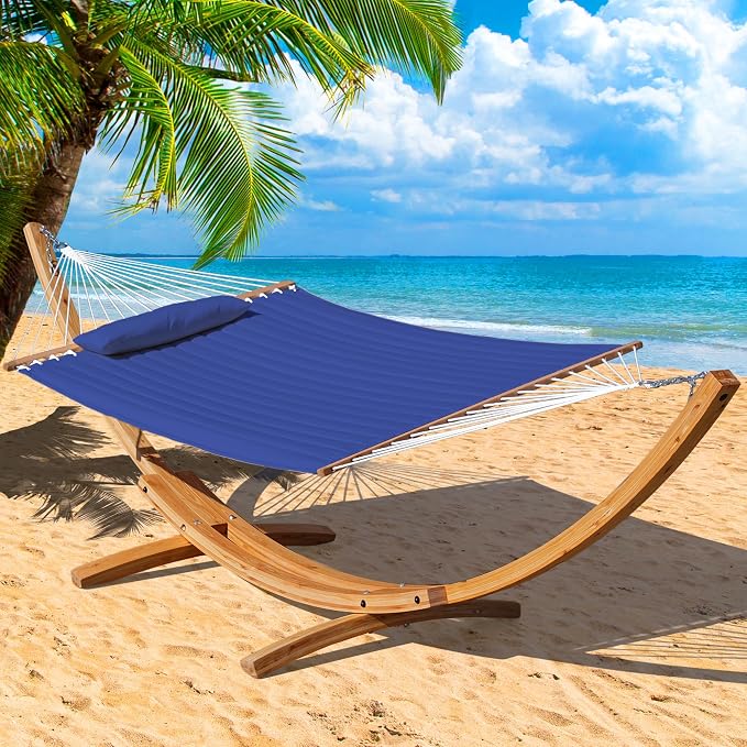 Lazy Daze Hammocks 12 FT Double Quilted Fabric Hammock and 13 FT Natural Wood Arc Stand, with Spreader Bar, Removable Pillow, 2 Person Hammock for Poolside Outdoor Patio, 450 lbs Capacity, Navy Blue