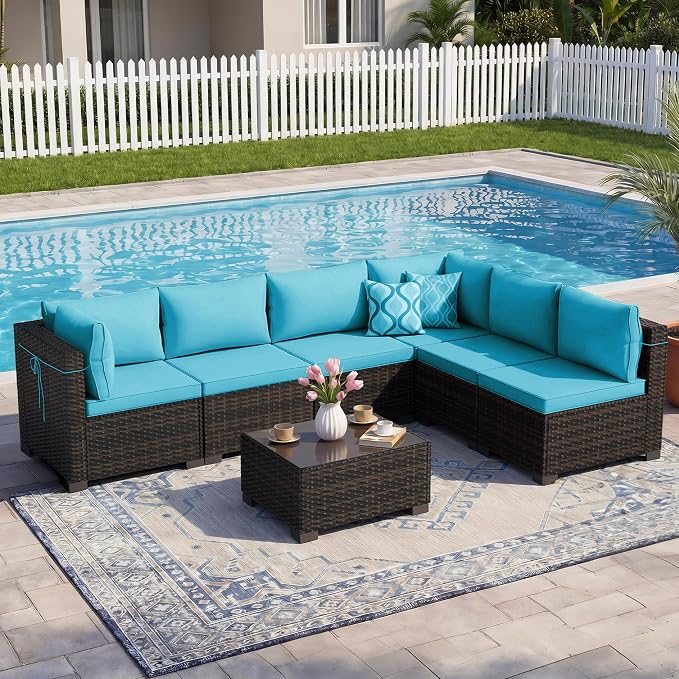 LEVELEVE 7-Piece Outdoor Patio Furniture Sets, Manual Weaving Rattan Conversation Sectional Sofa with Tempered Glass Coffee Table, All-Weather PE Wicker & Thick Cushions for Garden, Backyard, Porch