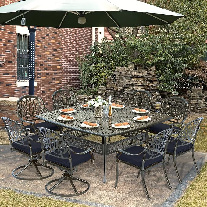 9-Piece Patio Cast Aluminum Dining Set, Outdoor Dining Furniture Set for 8 Person, Includes 64" Square Table, 4 Stationary and 4 Swivel Dining Chairs with Umbrella Hole, Navy Blue