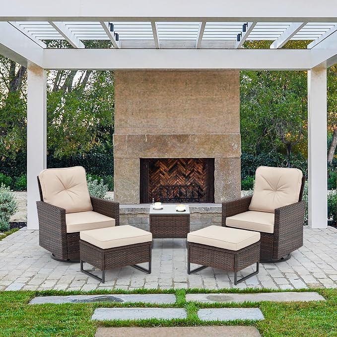 AVAWING 5 PCS Patio Swivel Rocking Chairs Set with Ottoman, Outdoor Wicker Furniture with Rattan Side Table, 360° Swivel Chairs for Garden, Porch, Backyard, Beige/Brown Wicker