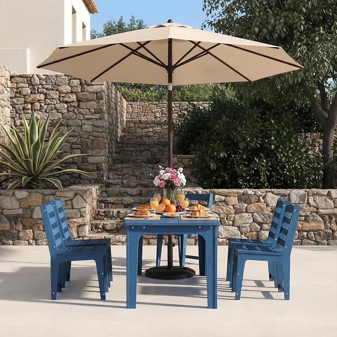 69" HDPE Rectangle Outdoor Dining Table for 6 Person, Blue | Weather-Resistant Patio Furniture with Metal Support Bars and Umbrella Hole Cut-Out for Poolside Garden Backyard Deck