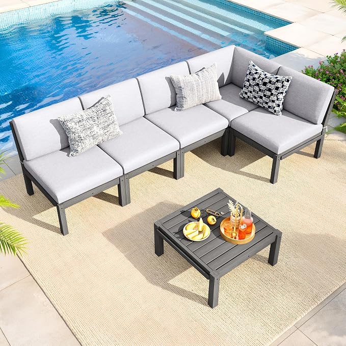 Modular Outdoor Patio Conversation Set, 6-Piece L-Shaped Sectional Sofa Set with Coffee Tables & Thick Cushions, Easy Side Interlock, HIPS All-Weather Patio Furniture Set for Backyard, Deck, Poolside