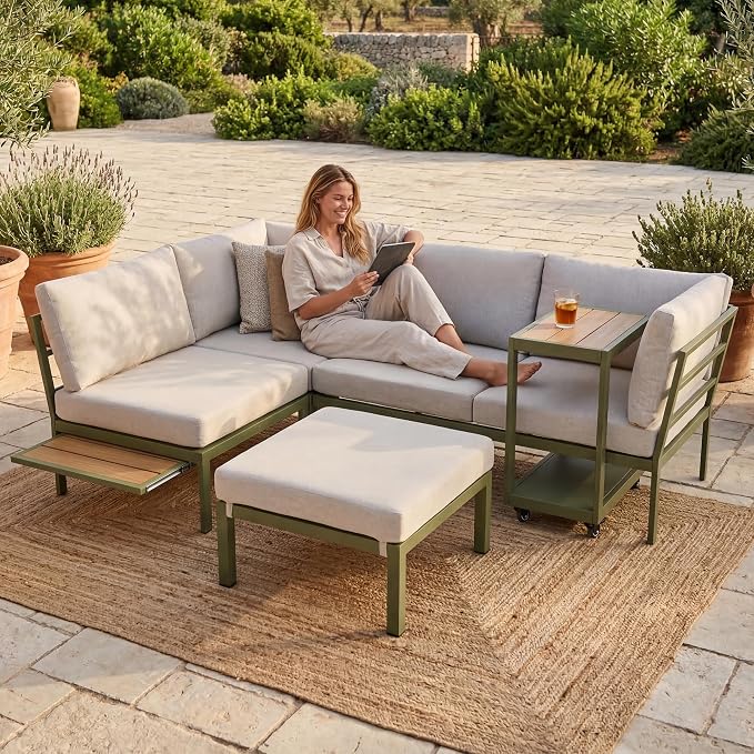 Patio Sectional Sofa Set, Outdoor Conversation Furniture Set, Outdoor Couch Sectional, Outside Sets, Patio Furniture Sets for Backyard, Garden, Lawn, Poolside, Beige