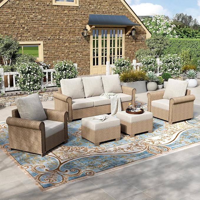 HERA'S HOUSE 5 Pieces Patio Furniture Set, All Weather 7 Seats Outdoor Wicker Sofa with Ottoman, 5.5" Thick Waterproof Cushion Conversation Set for Garden Deck Backyard, Beige