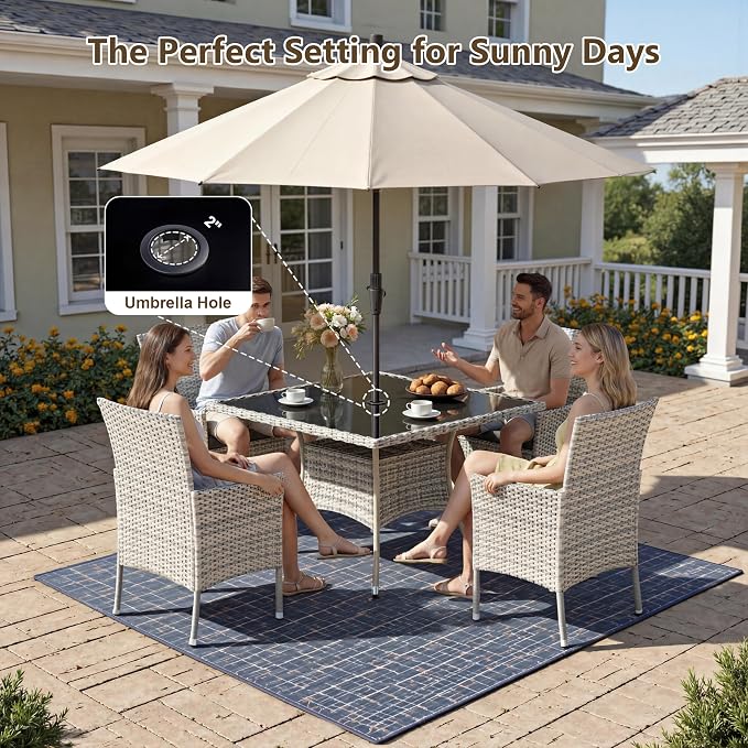Outdoor Dining Set, 15-Piece Patio Furniture Set with Tempered Glass Table and 12 Cushioned Chairs, Dual-Strand Wicker Rattan, Balcony Furniture for Backyard, Garden, Deck,– Beige