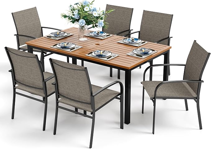 HERA'S HOUSE 7pc Outdoor Patio Dining Set, Wood-Look Metal Table, Brown | 64" rectangular table with umbrella hole, 6 textilene chairs. Waterproof, rust-resistant, all-weather for backyard, porch