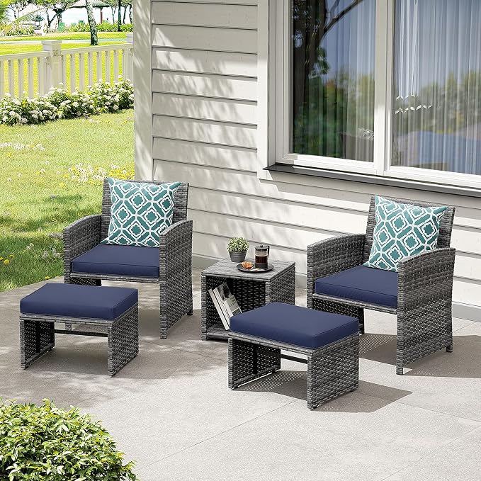 OC Orange-Casual 5 Piece Patio Furniture Set, Wicker Outdoor Conversation Chair and Ottoman Set with Coffee Table, for Balcony, Porch, Deck, Navy Blue