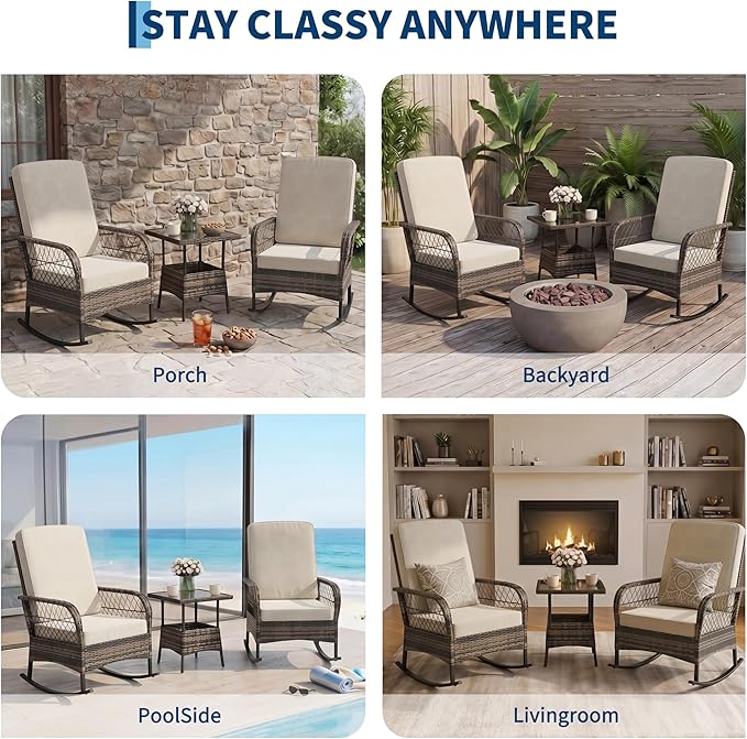 GarveeHome 3-Piece Outdoor Rocking Chair Set, Wicker Rattan Patio Furniture with Glass-Top Coffee Table, Modern Conversation Seating with Cushions for Porch, Backyard (Brown Rattan & Beige Cushion)