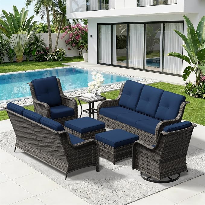 7 Piece Outdoor Wicker Patio Furniture Set, Outdoor Swivel Rocker Patio Chairs Set with Thickened Olefin Cushions, High Back and Deep Seating, Hand-Woven PE Rattan for Porch, Deck