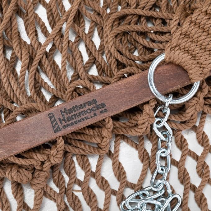 Hatteras Hammocks Small Amtique Brown DuraCord Rope Hammock – 11 ft. x 45 in., 450 lb Capacity, Cumaru Spreader Bar, Zinc-Plated Hardware, Handcrafted in The USA