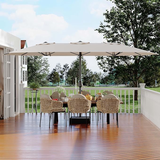 Garvee 15FT Rectangular Patio Umbrella with Base Included - Large Patio Umbrella with Crank Handle, UV Protection for Outdoor Market, Backyard, Pool - Beige