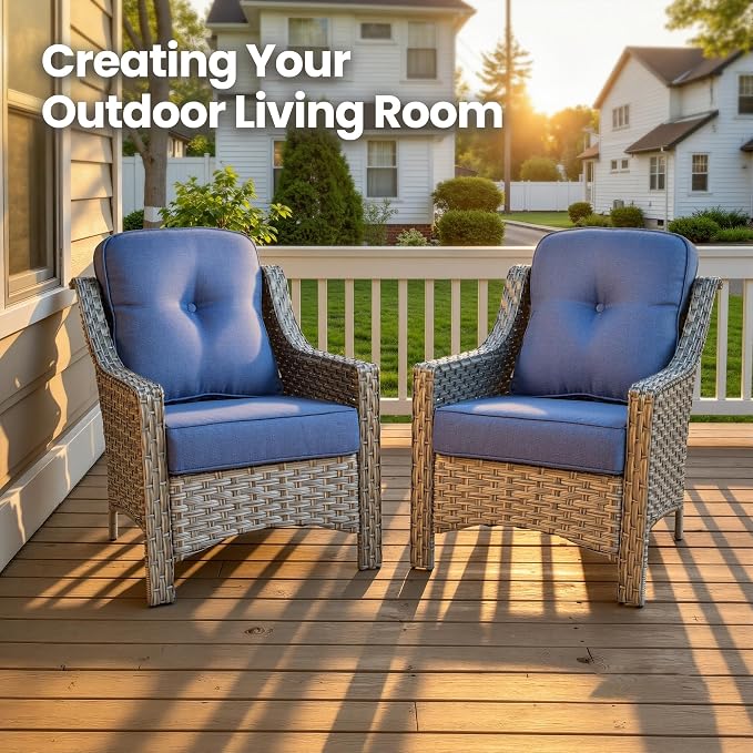 2 Piece Patio Furniture Set, Outdoor Wicker Chairs Set of 2 with Thick Cushion, Heavy Duty High Back Comfortable Chair for Small Balcony Porch Garden, Sapphire Blue