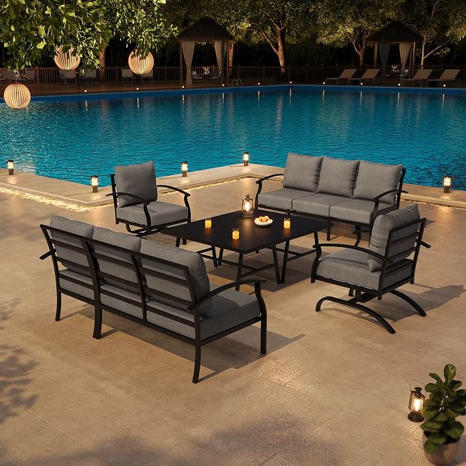 Metal Patio Furniture Set,6 Pieces 8 Seats Patio Sectional Outdoor Furniture Set with 2 Rectangular Coffee Tables,Patio Conversation Sets with 5.1" Thickened Cushions,Grey