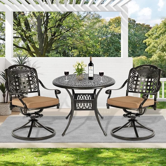 MEETWARM 3-Piece Outdoor Patio Dining Set, All-Weather Cast Aluminum Patio Conversation Set with 2 Cushions Swivel Rocker Chairs and 35.4" Round Table for Backyard Garden Deck, 2.2" Umbrella Hole