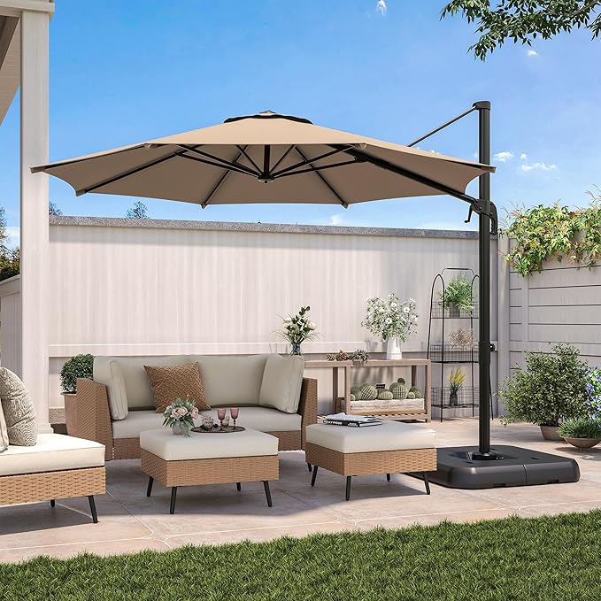 LAUSAINT HOME 10FT Round Outdoor Cantilever Umbrella, Offset Patio Umbrella with 360° Rotation & 5-Angle Adjustment, Aluminum Pool Umbrella for Garden Deck, Khaki