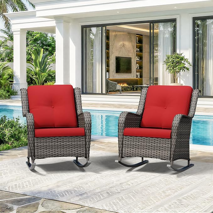 Patio Rocking Chairs Set of 2, Outdoor Wicker Patio Furniture Set 2 Pieces with Thickened Olefin Cushions, High Back and Deep Seating, Hand-Woven PE Rattan for Porch, Deck, Red