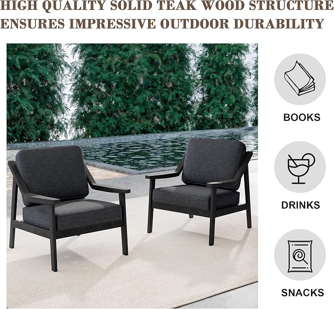 Outdoor Patio Furniture Set, 2 Piece Outdoor Patio Sofa Armchairs with Washable Thick Cushions, All-Weather Solid Wood Patio Bistro Set for Porch, Balcony, Black Frame & Dark Gray Cushion