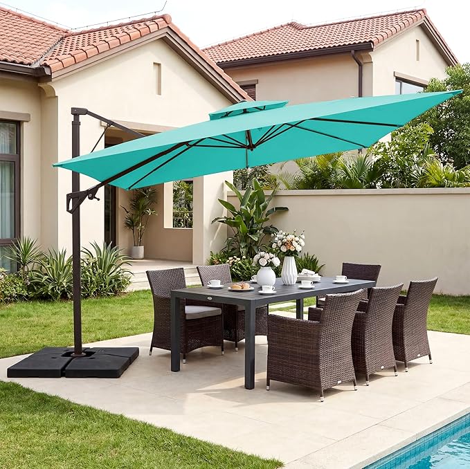 JEAREY 10ft 2-Tier Cantilever Patio Umbrella, Large Square Outdoor Offset Umbrella with Double Top Vent and 360-degree Rotation for Garden, Deck, Pool, Patio, Peacock Blue
