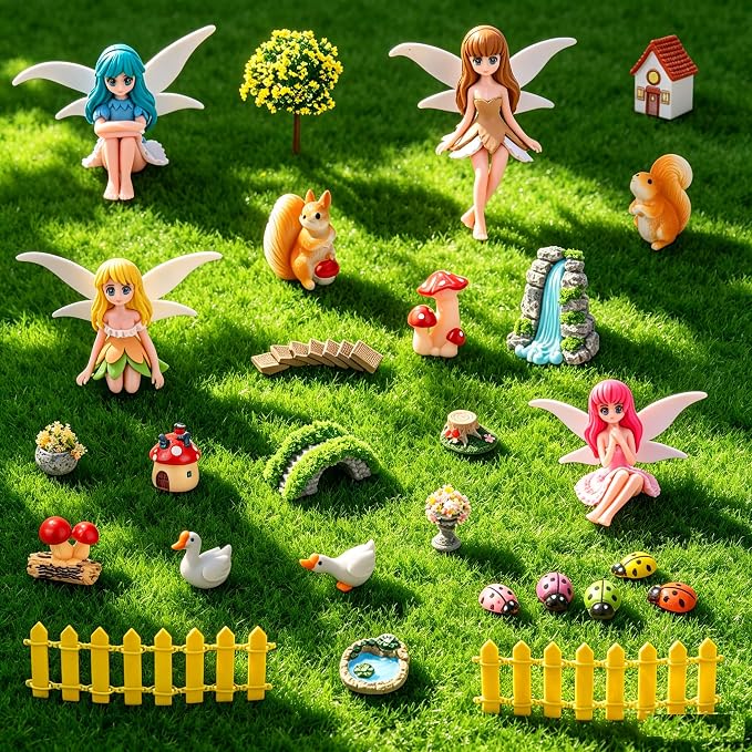 Miniature Fairy Garden Kit 27Pcs Cute Mushroom Figurines & Plants Set Fairy Garden Accessories Tiny Furniture Decor for Terrarium Potted Plant Ornament for Home Desk