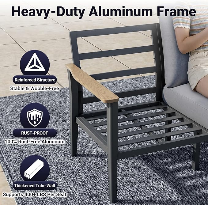 Aluminum Outdoor Patio Furniture Set, 7-Piece Sectional Sofa with 5.1" Thick Cushions, 4 Swivel Rocking Chairs and 2 Side Tables, Outdoor Couch for Backyard, Deck, Gray